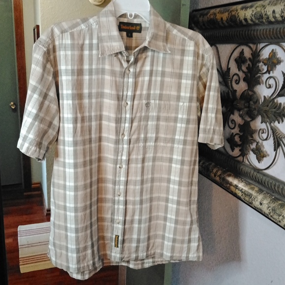 Essential Timberland Tan Plaid Button Up SS Shirt Sz Small - Picture 1 of 10